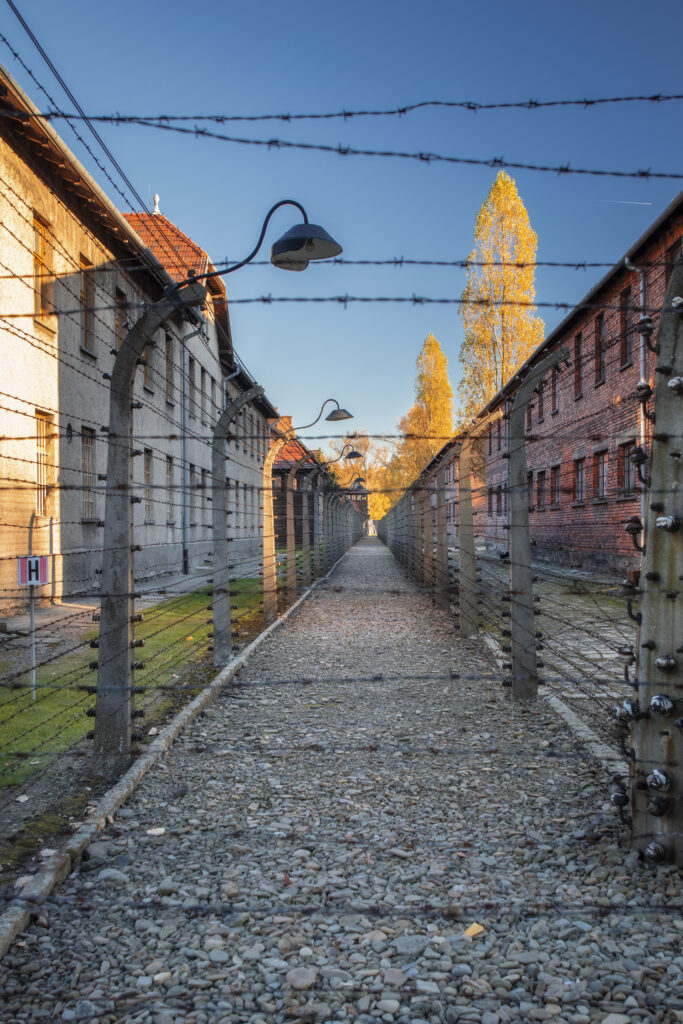 Ogrodzenie z drutu kolczastego i baraki na terenie byłego obozu Auschwitz I