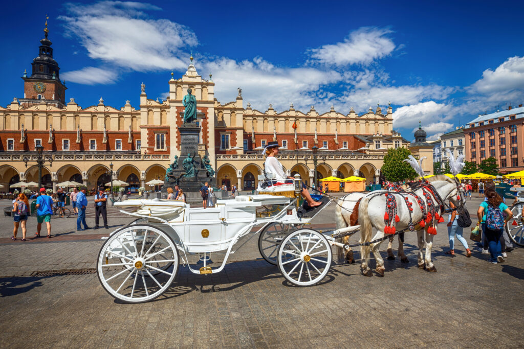 Biała dorożka z końmi na Rynku Głównym w Krakowie, w tle Sukiennice