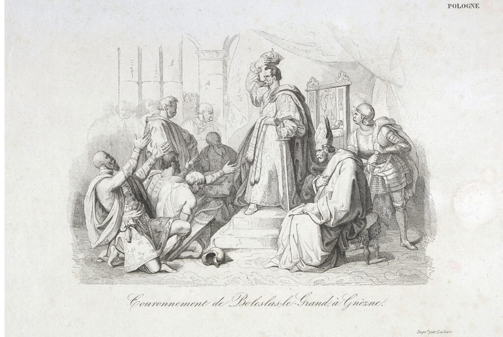 Władysław Oleszczyński (1808–1866), Couronnement de Boleslas le Grand à Gnèzne, grafika z ok. 1835–1836 r., źródło: Biblioteka Narodowa